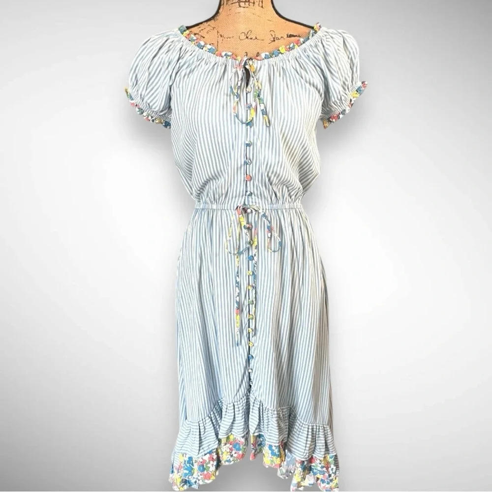 Matilda Jane Light Blue & White Striped High-Low Dress with Floral Trim
